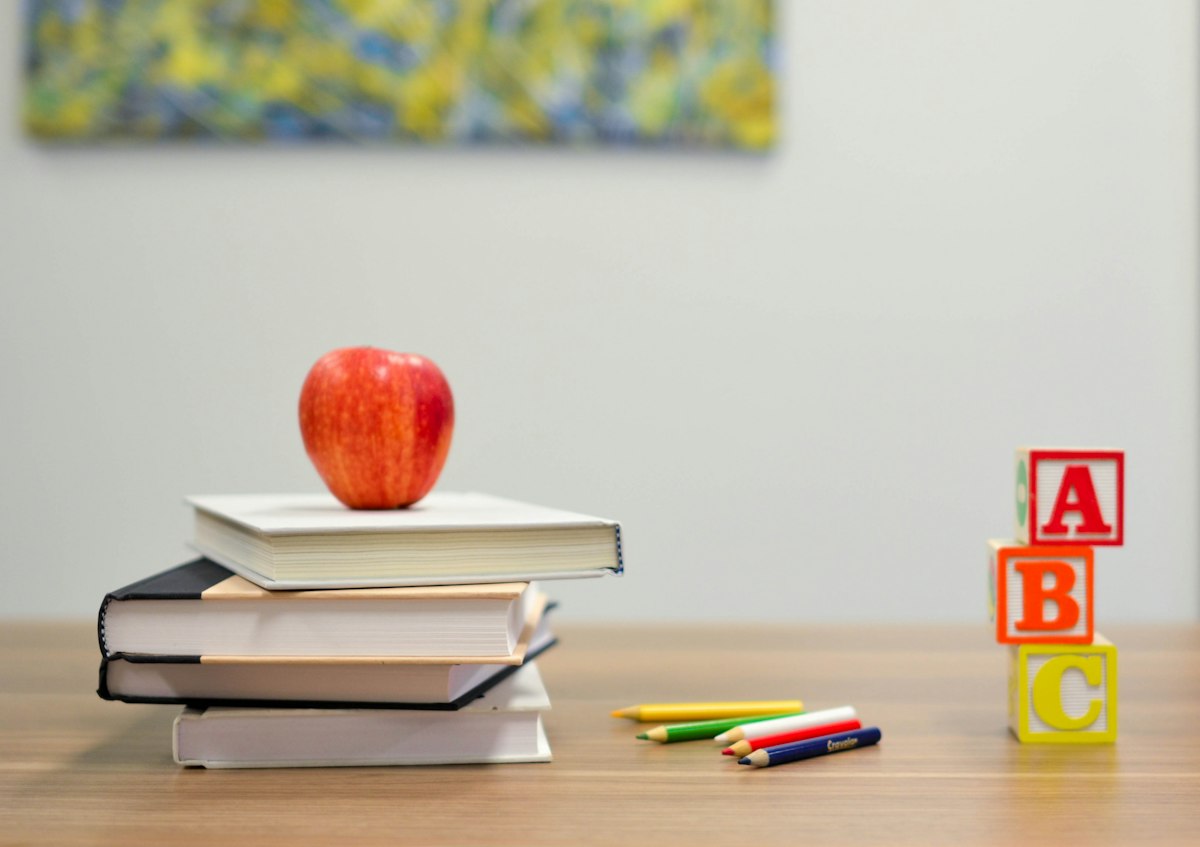 School supplies arranged on a wooden surface